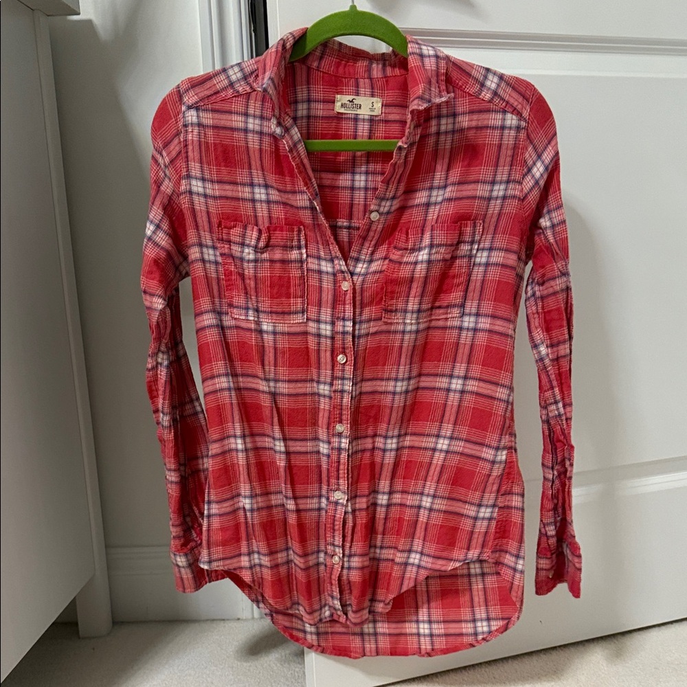 Hollister Red Cotton Flannel with Navy and White Plaid Stripes
